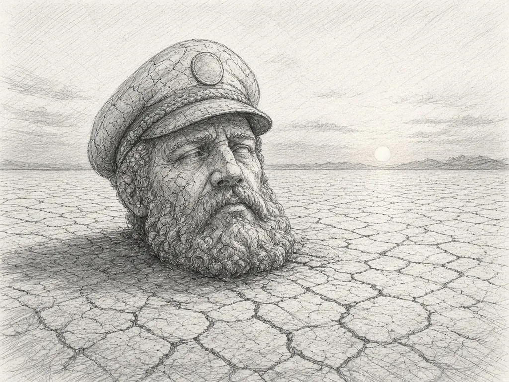 Pencil sketch of a giant weathered stone head of a bearded sea captain in a peaked cap, resting on a vast cracked salt flat at dusk with a low sun and distant mountains.