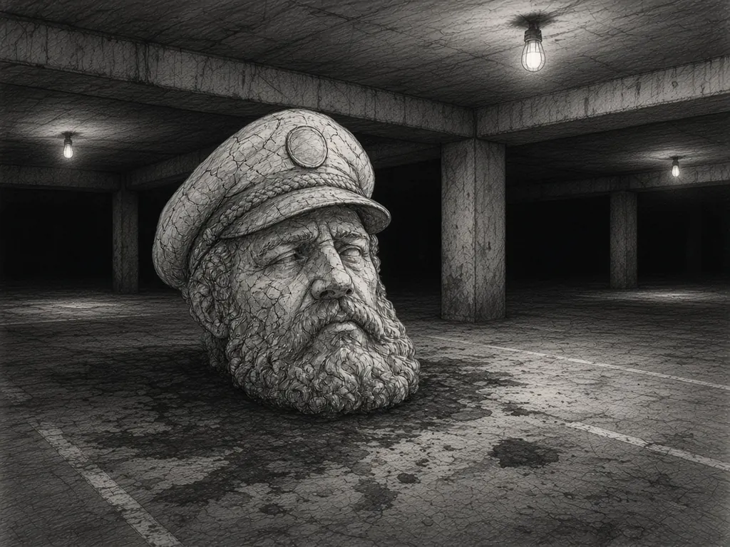 Pencil sketch of a giant stone captain's head sitting on the oil-stained concrete floor of an empty underground parking garage lit by a few bare bulbs.