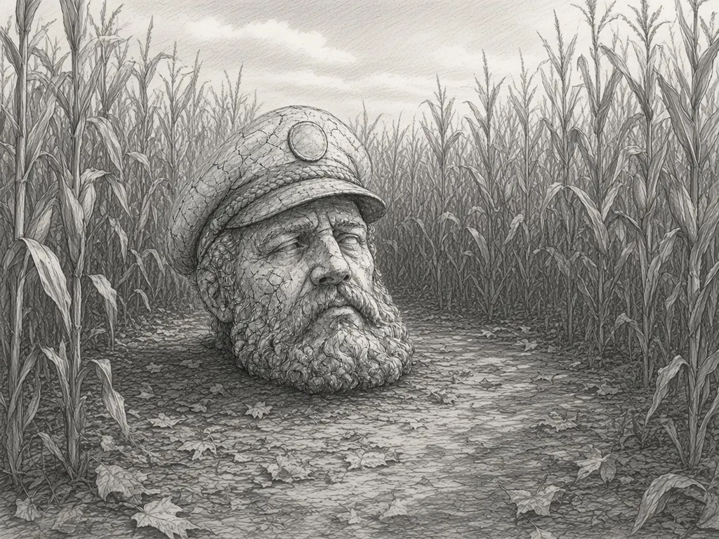 Pencil sketch of a giant stone sea captain's head sitting on a dirt path at a dead end inside a tall cornfield maze, dry leaves on the ground.