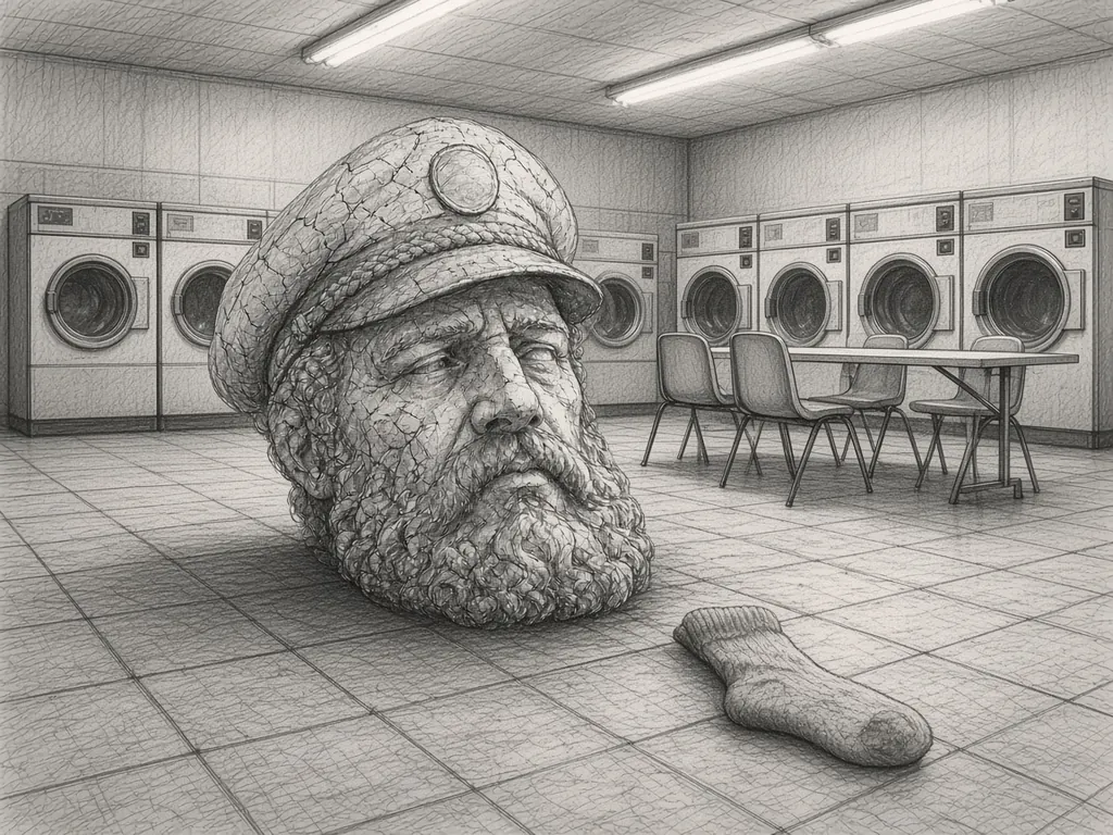 Pencil sketch of a giant stone captain's head on the tiled floor of an empty laundromat with a row of washing machines, a folding table, chairs, and a single sock nearby.
