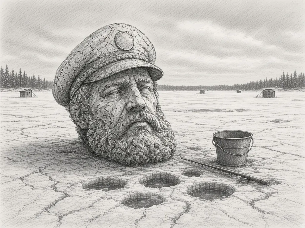 Pencil sketch of a giant stone sea captain's head on a frozen lake beside drilled ice-fishing holes, a bucket and a fishing rod, with small fishing shanties and pine trees in the distance.