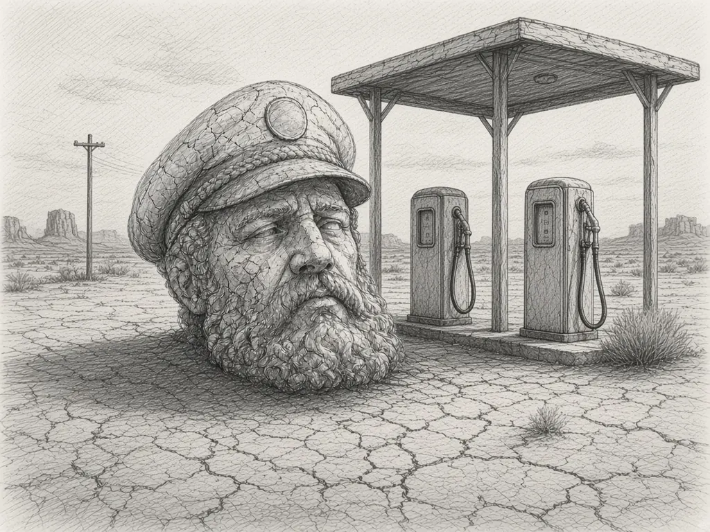 Pencil sketch of a giant stone captain's head sitting on cracked desert ground beside two vintage fuel pumps under a plain canopy, with mesas and a telephone pole in the distance.