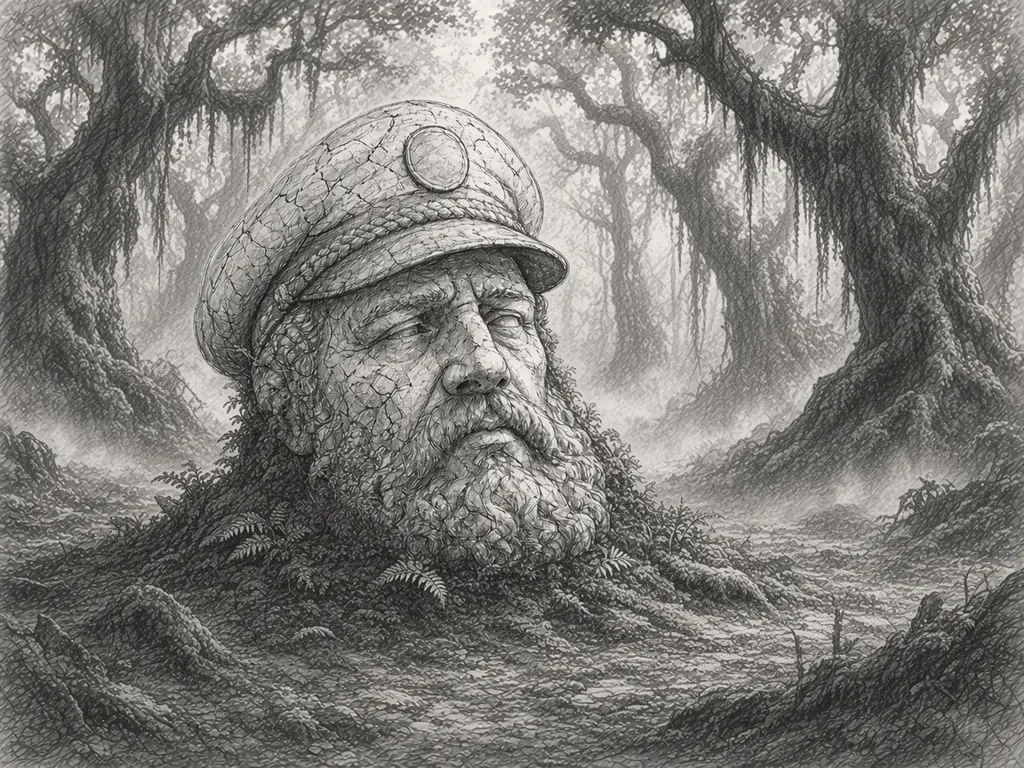 Pencil sketch of a giant stone sea captain's head half-sunk into a misty moss forest floor, ferns growing around the beard, gnarled moss-draped trees behind.