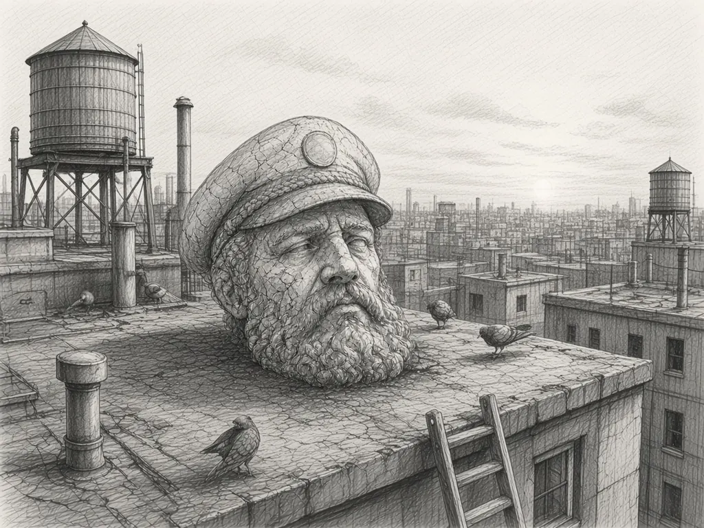 Pencil sketch of a giant stone captain's head on a city rooftop with wooden water tanks on stilts, vent pipes, a ladder, pigeons, and rooftops stretching into the haze.