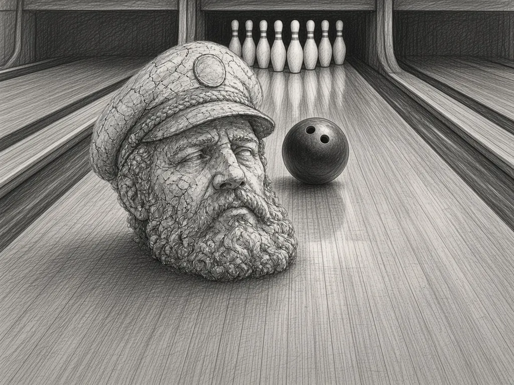 Pencil sketch of a giant stone sea captain's head sitting in the middle of a polished bowling lane next to a bowling ball, with ten pins standing at the far end.