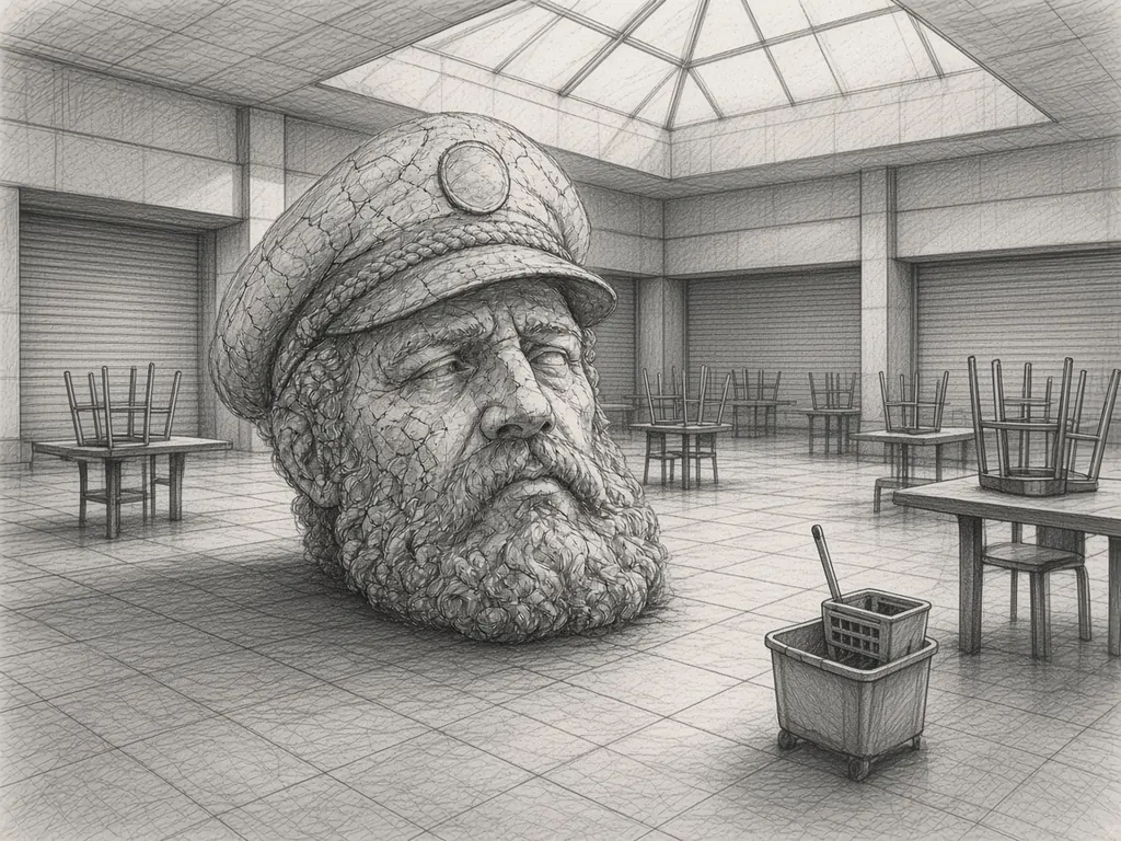 Pencil sketch of a giant stone captain's head on the tiled floor of a closed mall food court under a skylight, chairs stacked on tables and a mop bucket nearby.