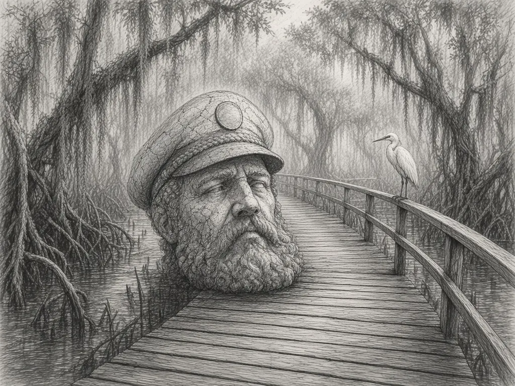 Pencil sketch of a giant stone sea captain's head resting on a wooden boardwalk winding through a Florida mangrove swamp, tangled roots in dark water, Spanish moss, and an egret perched on the rail.