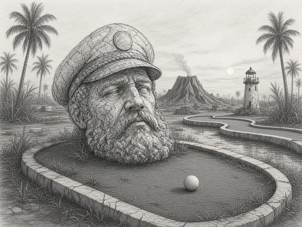 Pencil sketch of a giant stone captain's head sitting on a cracked, overgrown mini-golf green beside a golf ball, with a fake volcano, a small lighthouse obstacle and palm trees behind.