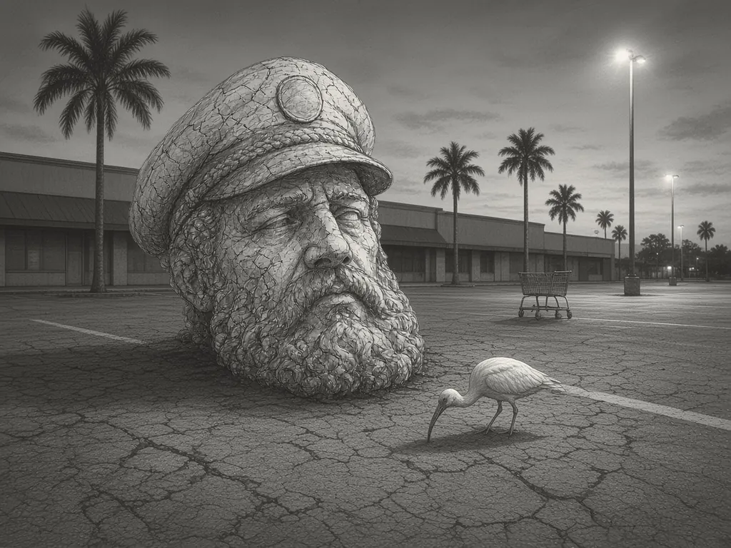 Pencil sketch of a giant stone captain's head in a nearly empty strip-mall parking lot at dusk, tall palm trees and street lamps behind and an ibis pecking at the cracked asphalt.