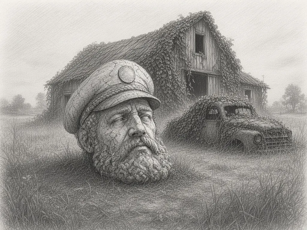 Pencil sketch of a giant stone sea captain's head in tall grass in front of an old wooden barn and an old car both overgrown with kudzu vines.