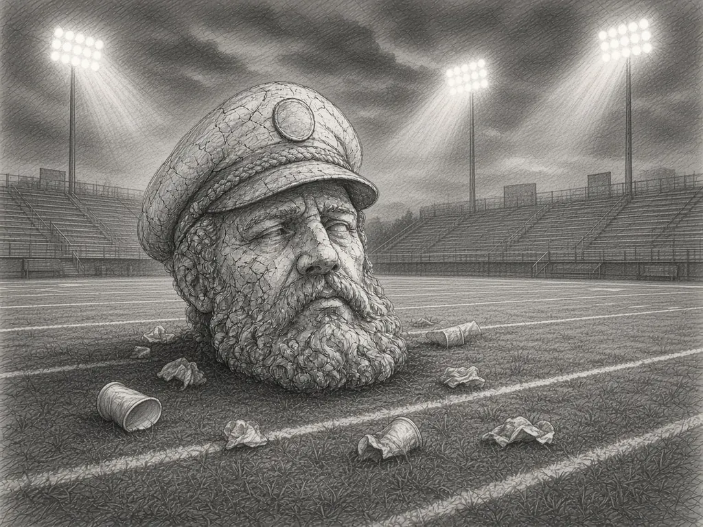 Pencil sketch of a giant stone captain's head on a high school football field at night under glowing stadium lights, empty bleachers and scattered paper cups.