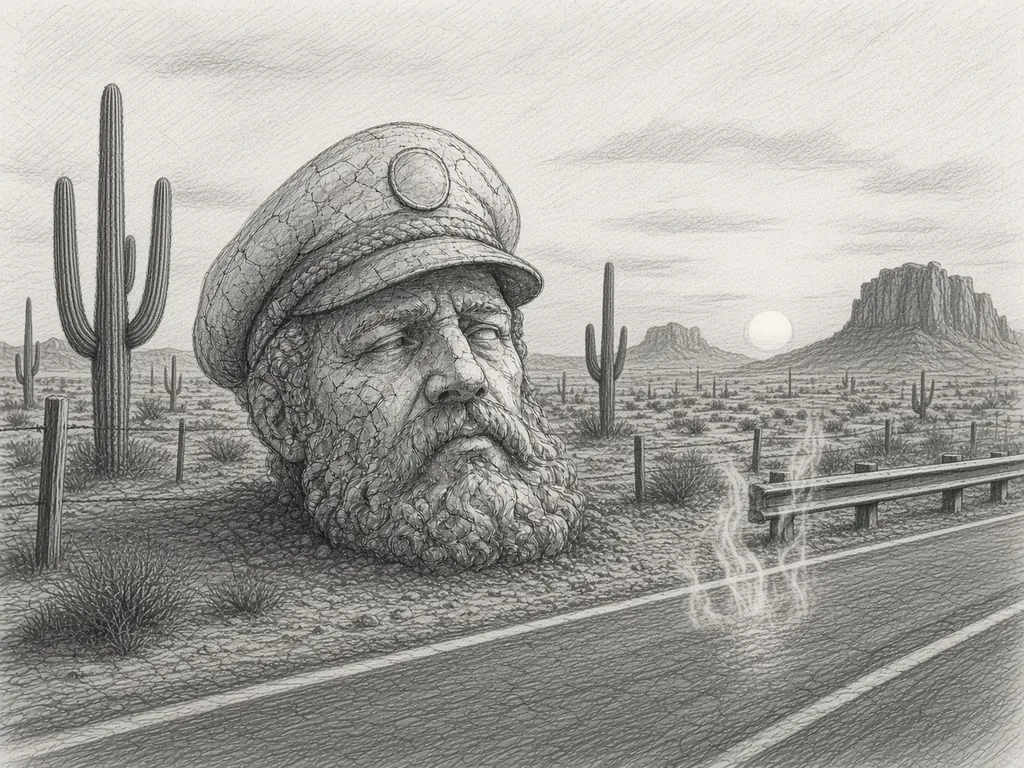 Pencil sketch of a giant stone captain's head on the gravel shoulder of a desert highway among saguaro cacti, a wire fence and distant buttes, heat shimmer rising from the road.