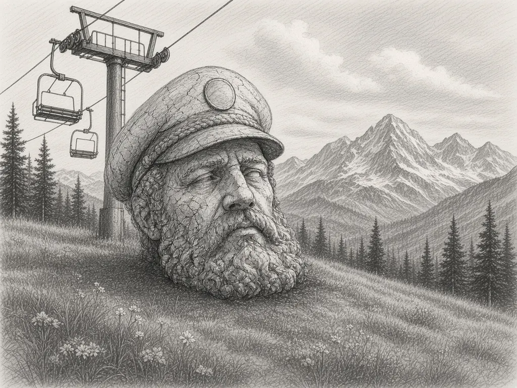 Pencil sketch of a giant stone captain's head on a grassy wildflower slope beneath an idle ski chairlift, with pine trees and snow-capped mountain peaks behind.