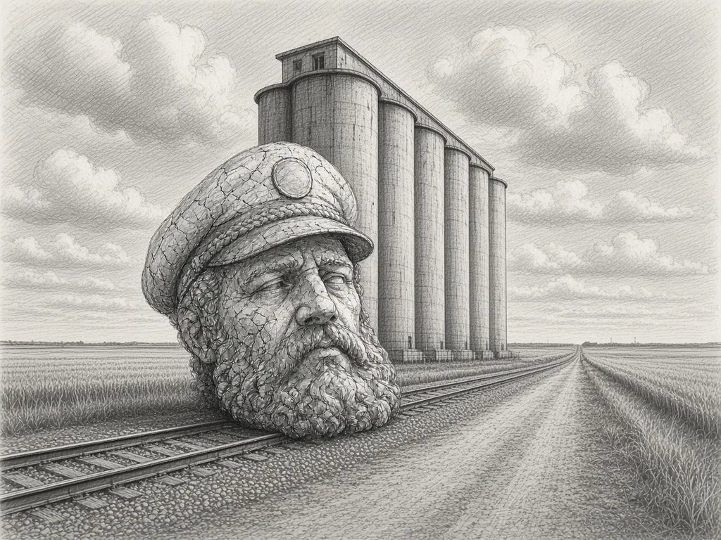 Pencil sketch of a giant stone captain's head beside railroad tracks at the foot of a tall concrete grain elevator, flat fields and a gravel road stretching to the horizon.