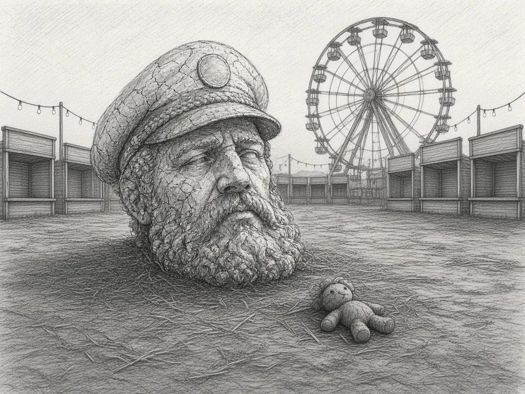 Pencil sketch of a giant stone captain's head on the straw-strewn midway of an empty county fairground, a dark Ferris wheel, shuttered booths and a dropped teddy bear.