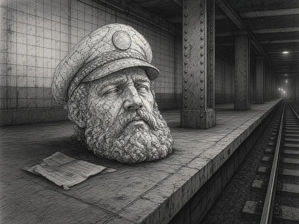 Pencil sketch of a giant stone captain's head on an empty subway platform with tiled walls and riveted iron columns, the tracks beside it and a crumpled newspaper nearby.