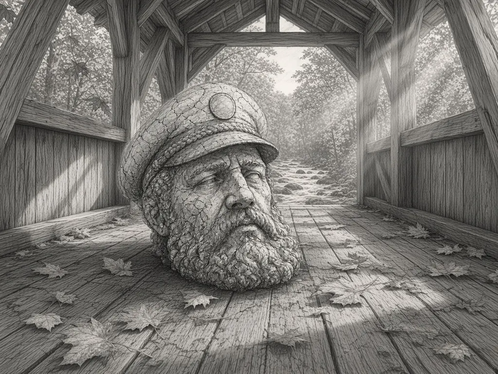 Pencil sketch of a giant stone captain's head inside an old wooden covered bridge, maple leaves scattered on the planks and a rocky stream and autumn trees beyond.