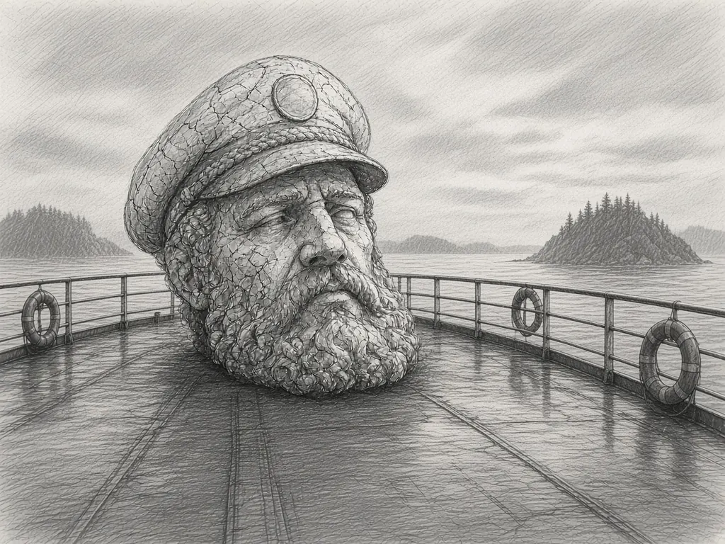 Pencil sketch of a giant stone sea captain's head on the wet deck of a ferry with railings and life rings, crossing grey water past misty fir-covered islands.