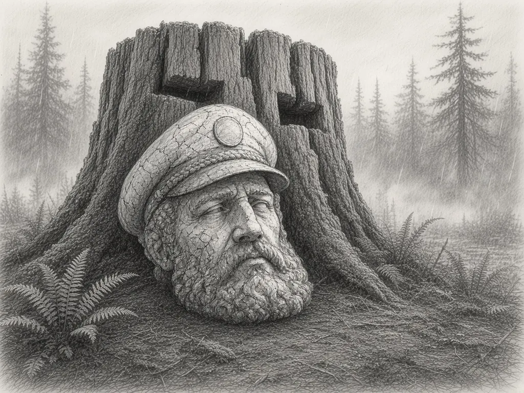 Pencil sketch of a giant stone captain's head resting against an enormous notched old-growth tree stump in a misty, rainy forest clearing with ferns and young firs.