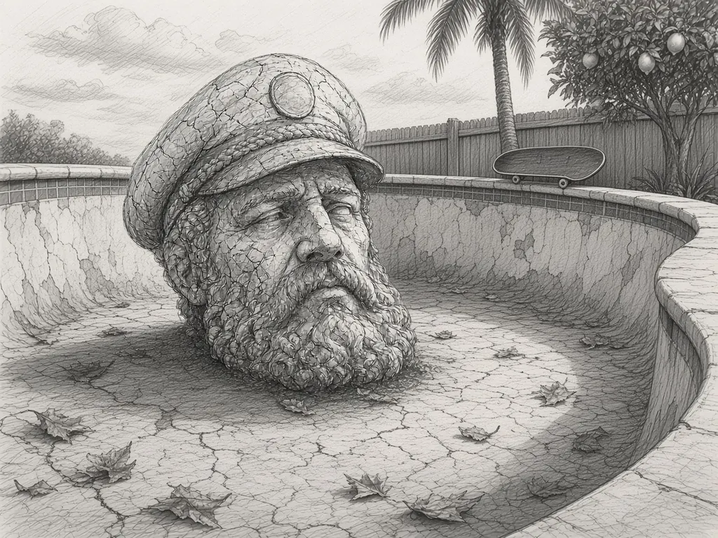Pencil sketch of a giant stone captain's head at the bottom of a drained backyard swimming pool with cracked plaster and dry leaves, a palm tree and fruit tree over the fence.
