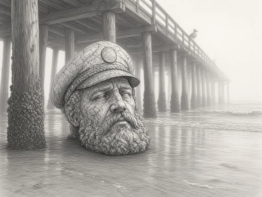 Pencil sketch of a giant stone sea captain's head in shallow surf beneath a long wooden pier, the pilings fading into thick morning fog.
